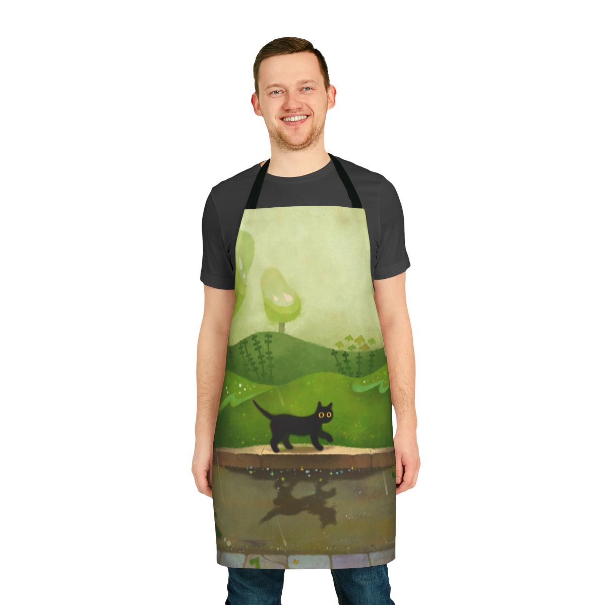 Kitty Rainy Day Apron - Cute black cat design on a green apron