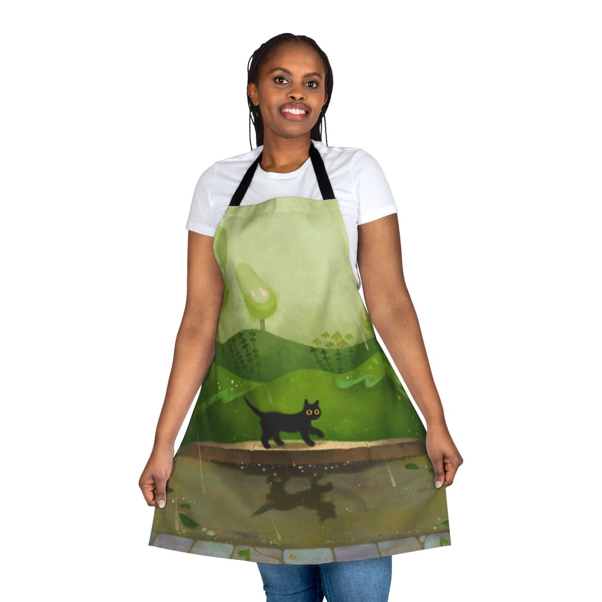 Kitty Rainy Day Apron - Cute black cat design on a green apron