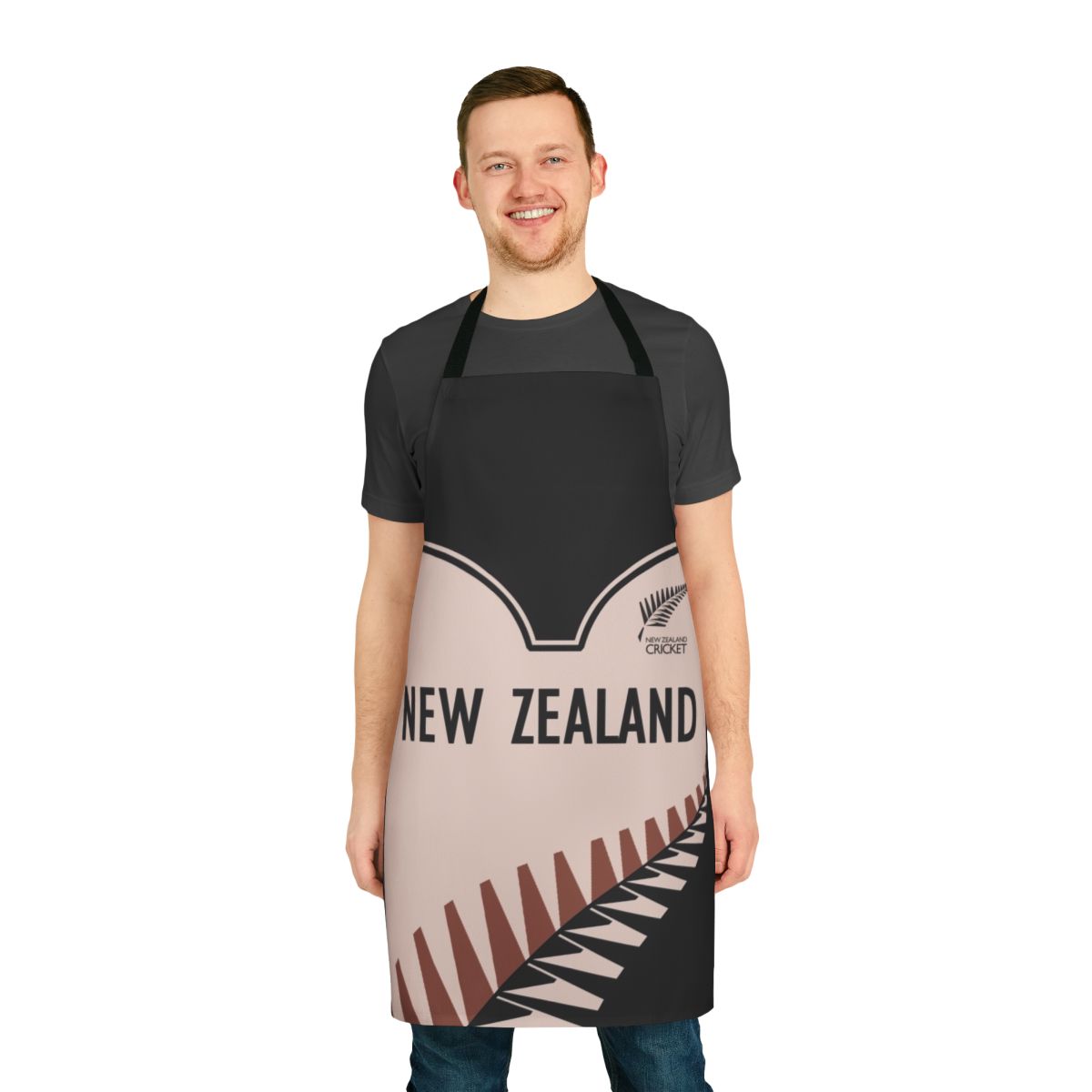 New Zealand cricket-themed apron with black and white color scheme and iconic silver fern design