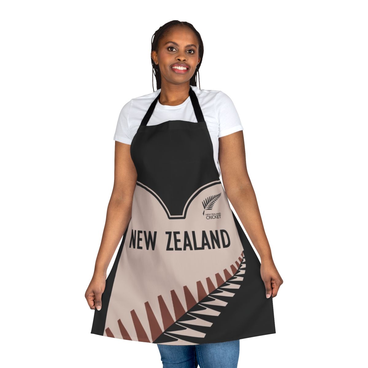 New Zealand cricket-themed apron with black and white color scheme and iconic silver fern design