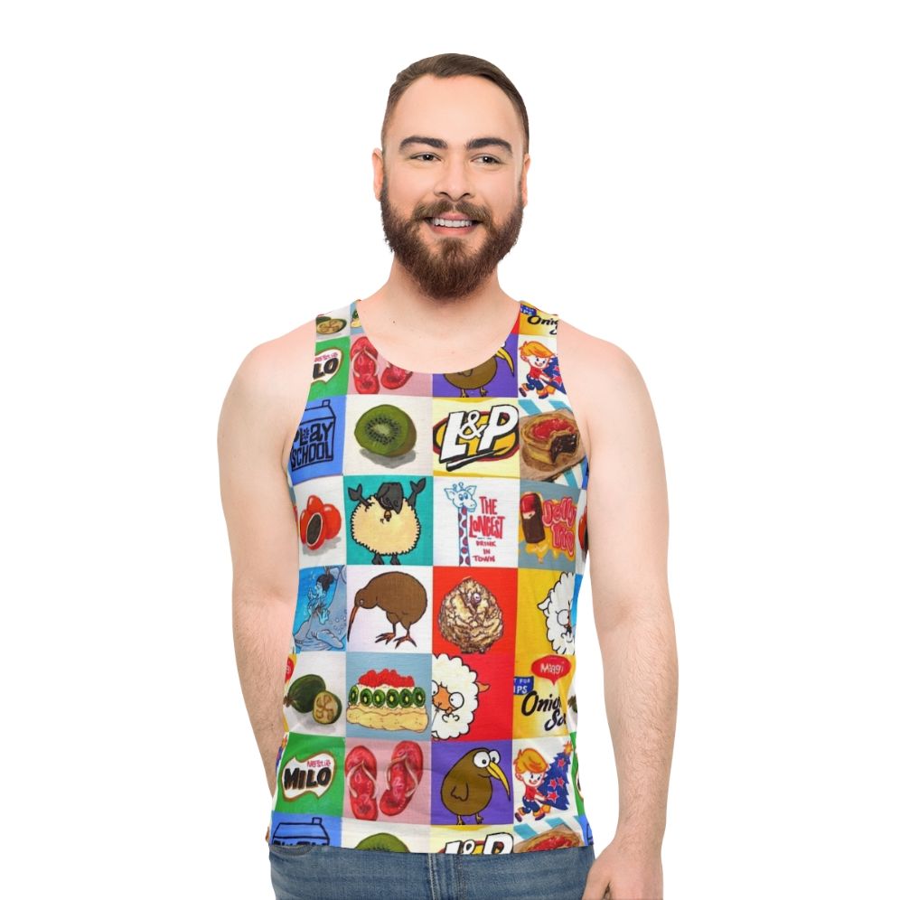 Kiwiana food and drink icons collage unisex tank top