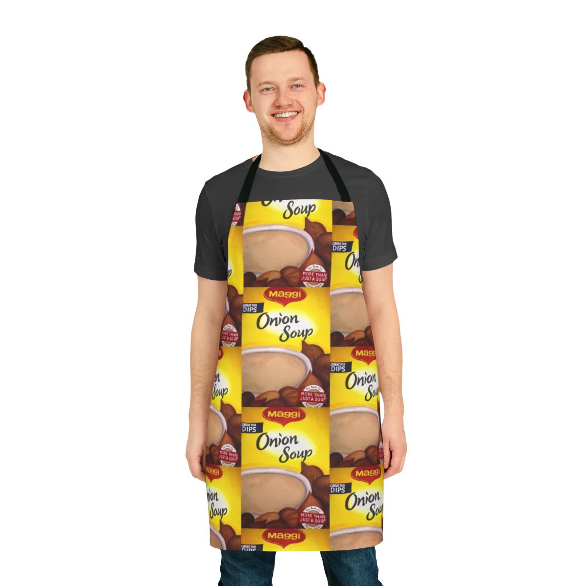 Maggie onion soup-themed apron with kiwiana and New Zealand design elements