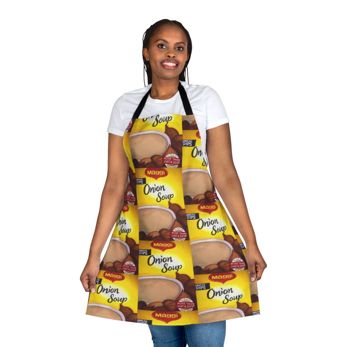 Maggie onion soup-themed apron with kiwiana and New Zealand design elements