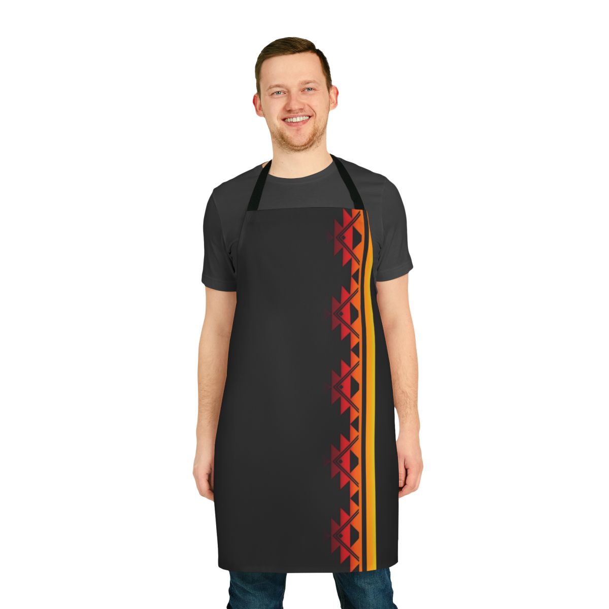Klamath Tribes inspired apron featuring a vibrant sunset mountain design, celebrating native culture and heritage.