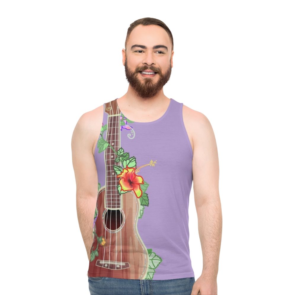 Koa ukulele inspired unisex tank top with floral design