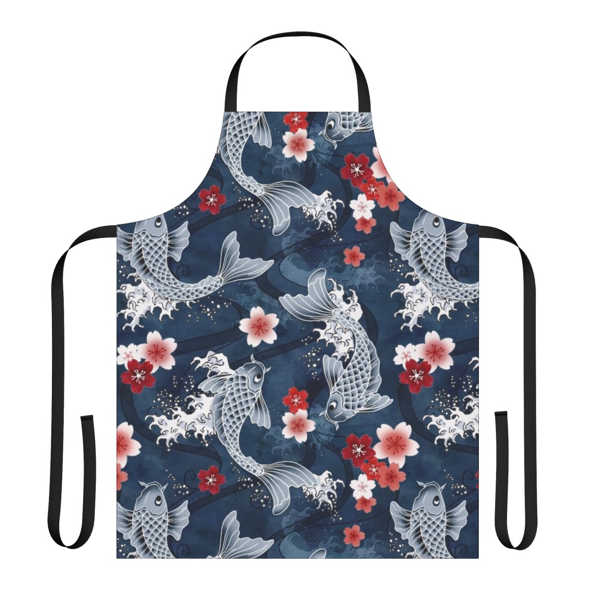 Koi and Sakura Blossom Watercolor Pattern on Blue Apron