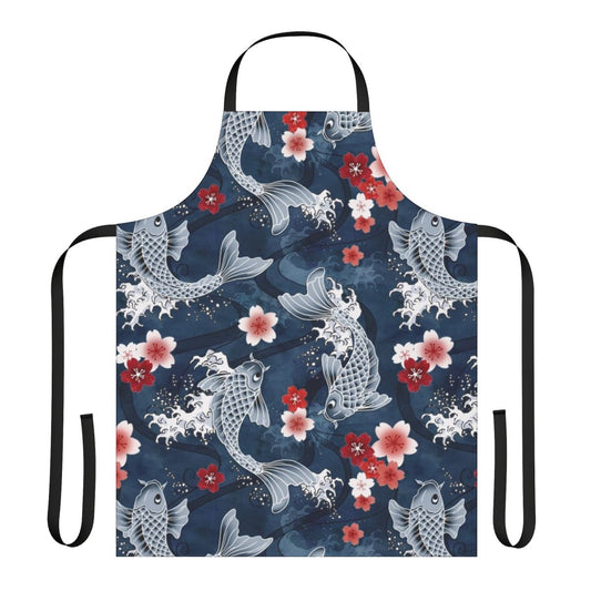 Koi and Sakura Blossom Watercolor Pattern on Blue Apron