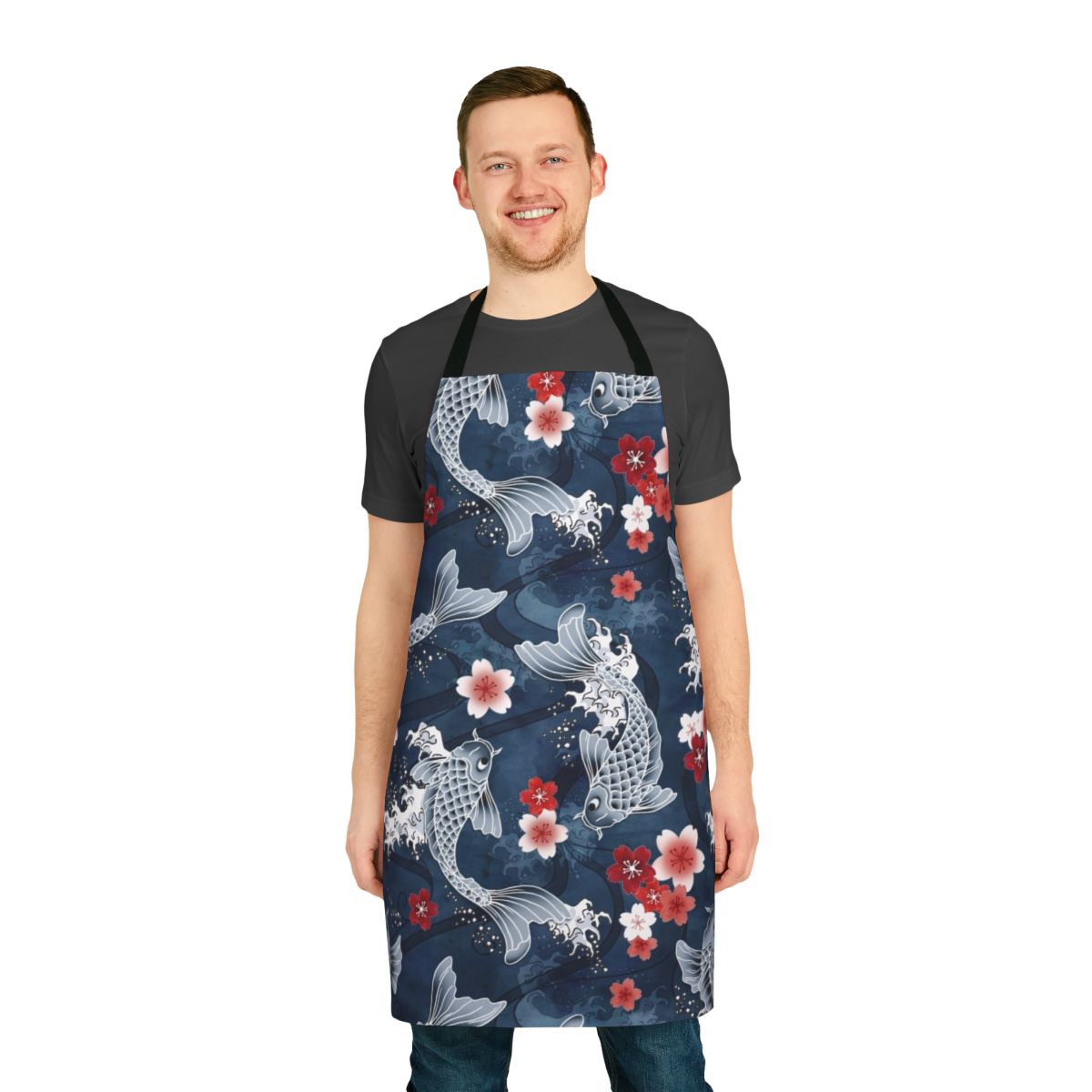 Koi and Sakura Blossom Watercolor Pattern on Blue Apron