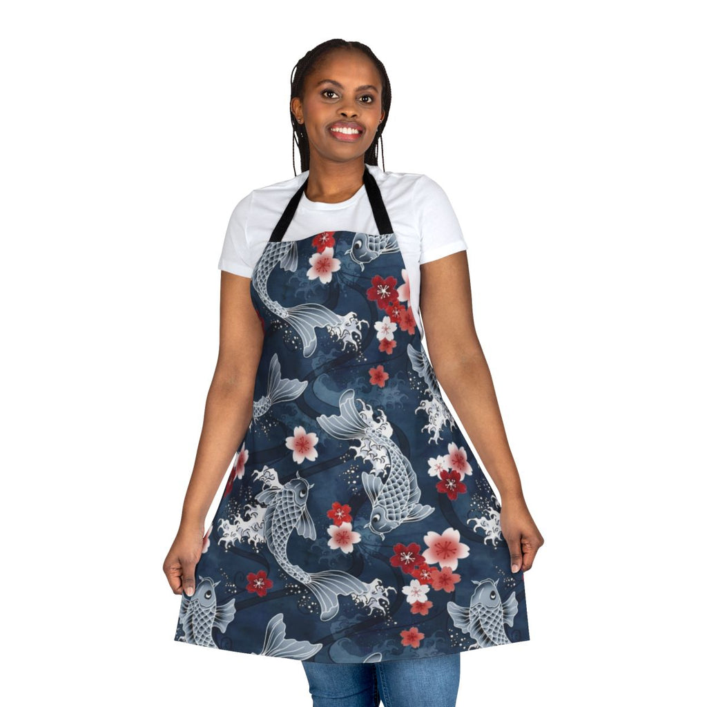 Koi and Sakura Blossom Watercolor Pattern on Blue Apron