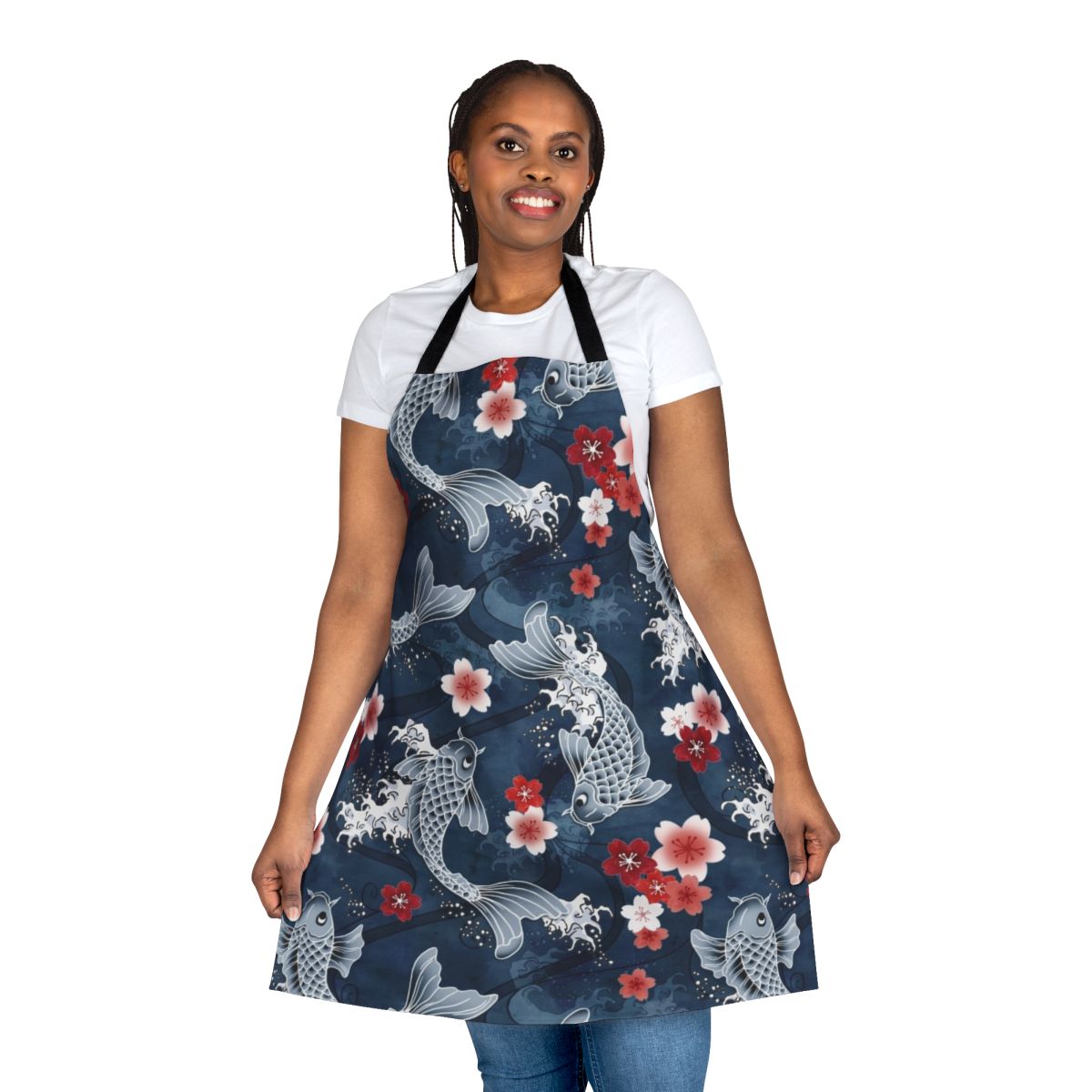 Koi and Sakura Blossom Watercolor Pattern on Blue Apron