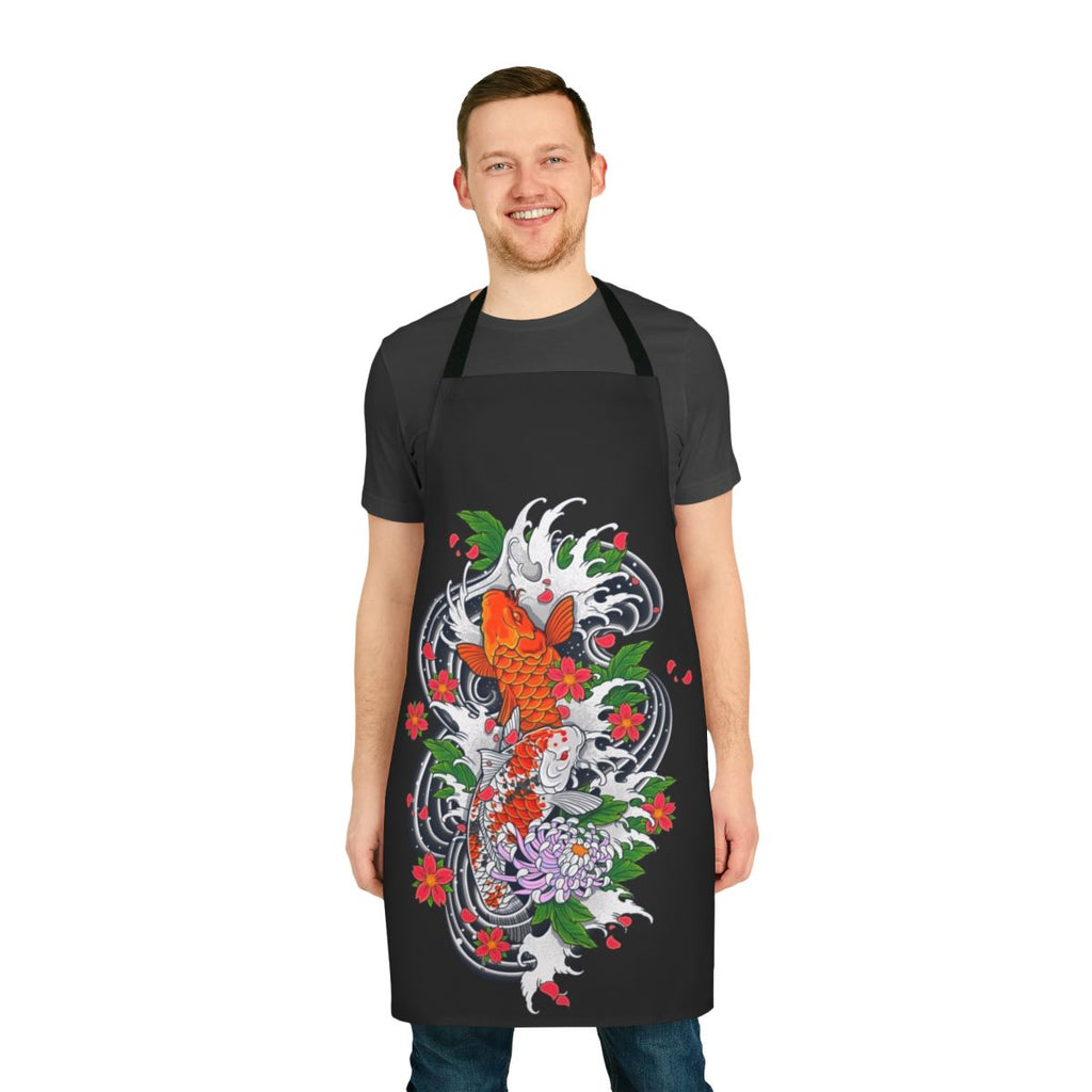 Stylish koi fish pond themed apron with Japanese floral and water design