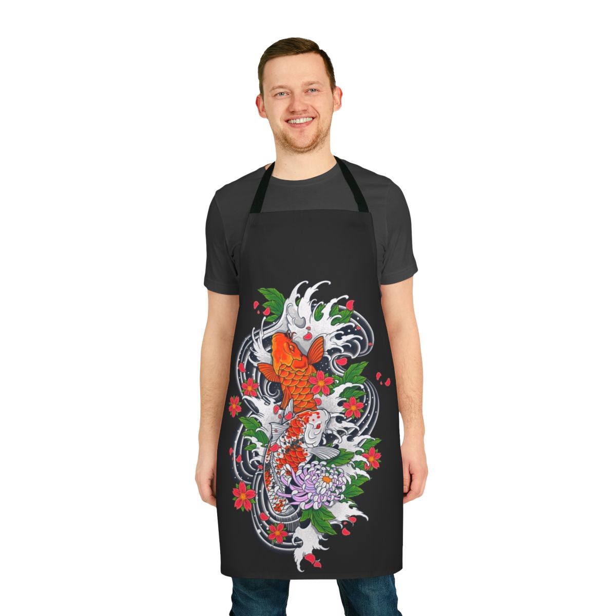 Stylish koi fish pond themed apron with Japanese floral and water design