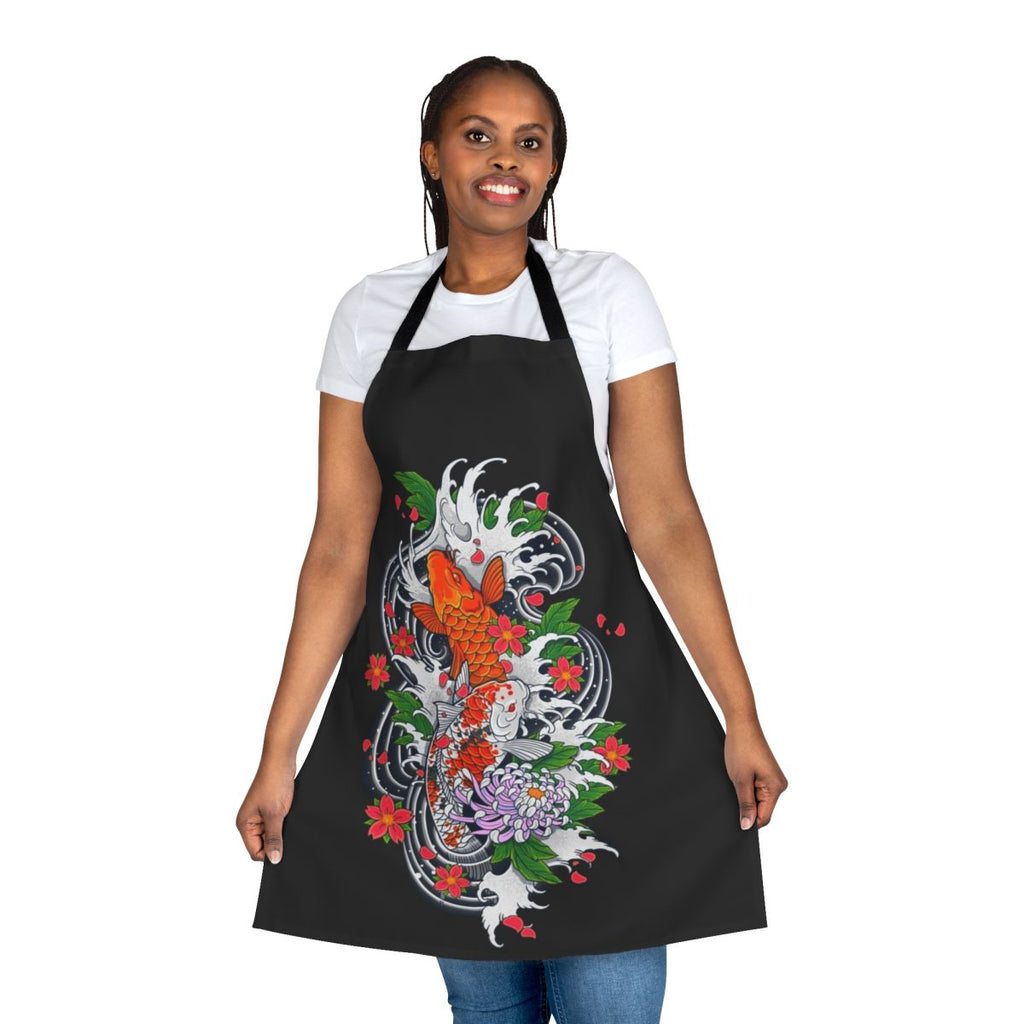 Stylish koi fish pond themed apron with Japanese floral and water design
