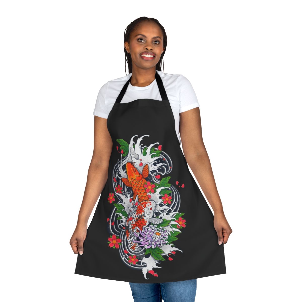 Stylish koi fish pond themed apron with Japanese floral and water design