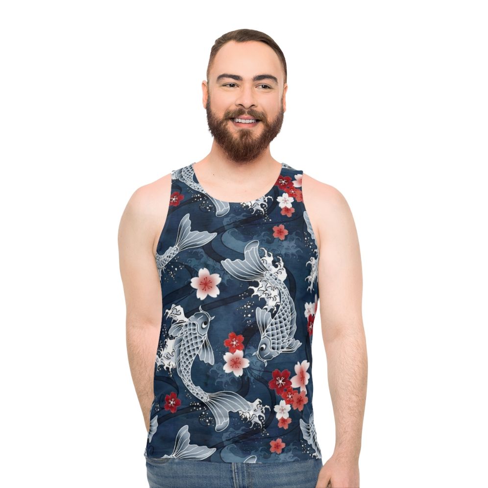 Koi Sakura Blossom Unisex Blue Tank Top