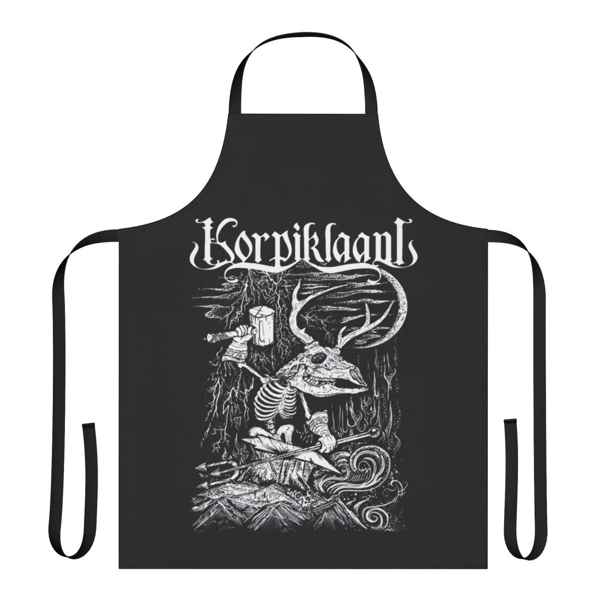 Korpiklaani-inspired heavy metal and folk metal design printed on a high-quality apron.