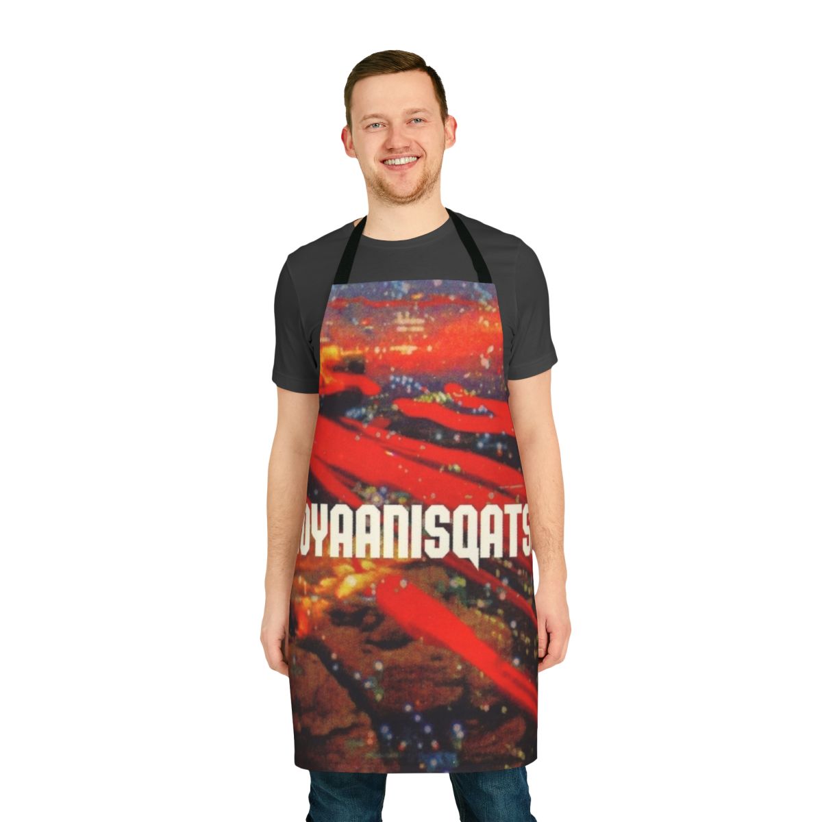 Koyaanisqatsi-themed apron with abstract patterns and visuals