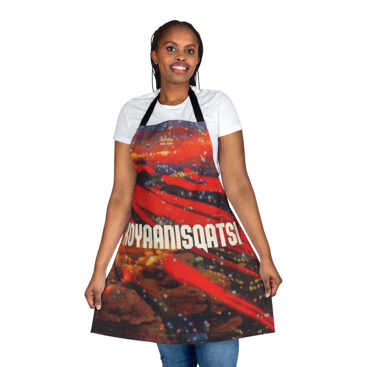 Koyaanisqatsi-themed apron with abstract patterns and visuals