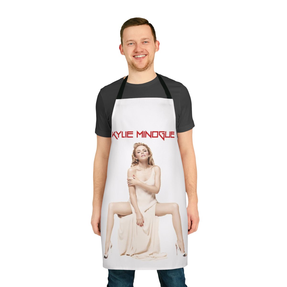 Stylish kitchen apron featuring the image of pop star Kylie Minogue