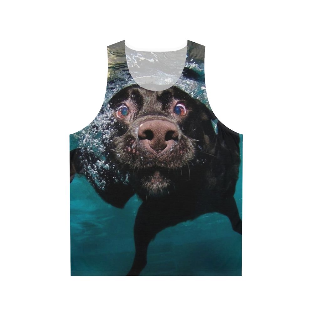 Labrador Retriever swimming in a pool wearing a unisex tank top