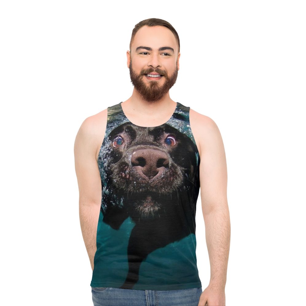 Labrador Retriever swimming in a pool wearing a unisex tank top