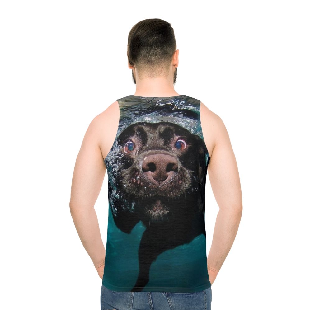 Labrador Retriever swimming in a pool wearing a unisex tank top