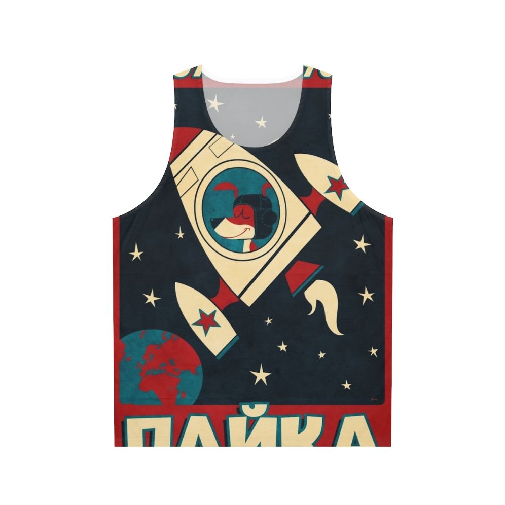 Laika dog unisex tank top with space program and rocket launch graphics