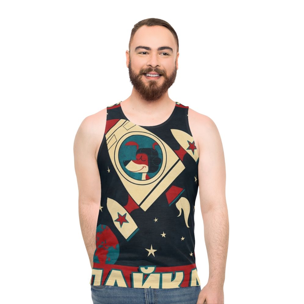 Laika dog unisex tank top with space program and rocket launch graphics