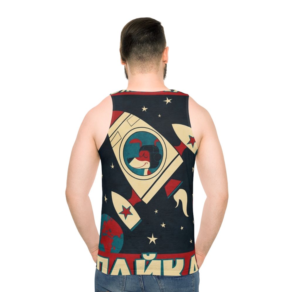 Laika dog unisex tank top with space program and rocket launch graphics