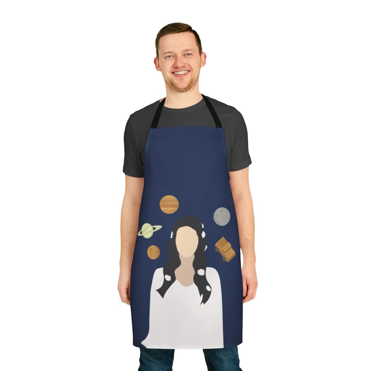 Lana Del Rey inspired apron featuring moon, planets, and space-themed design