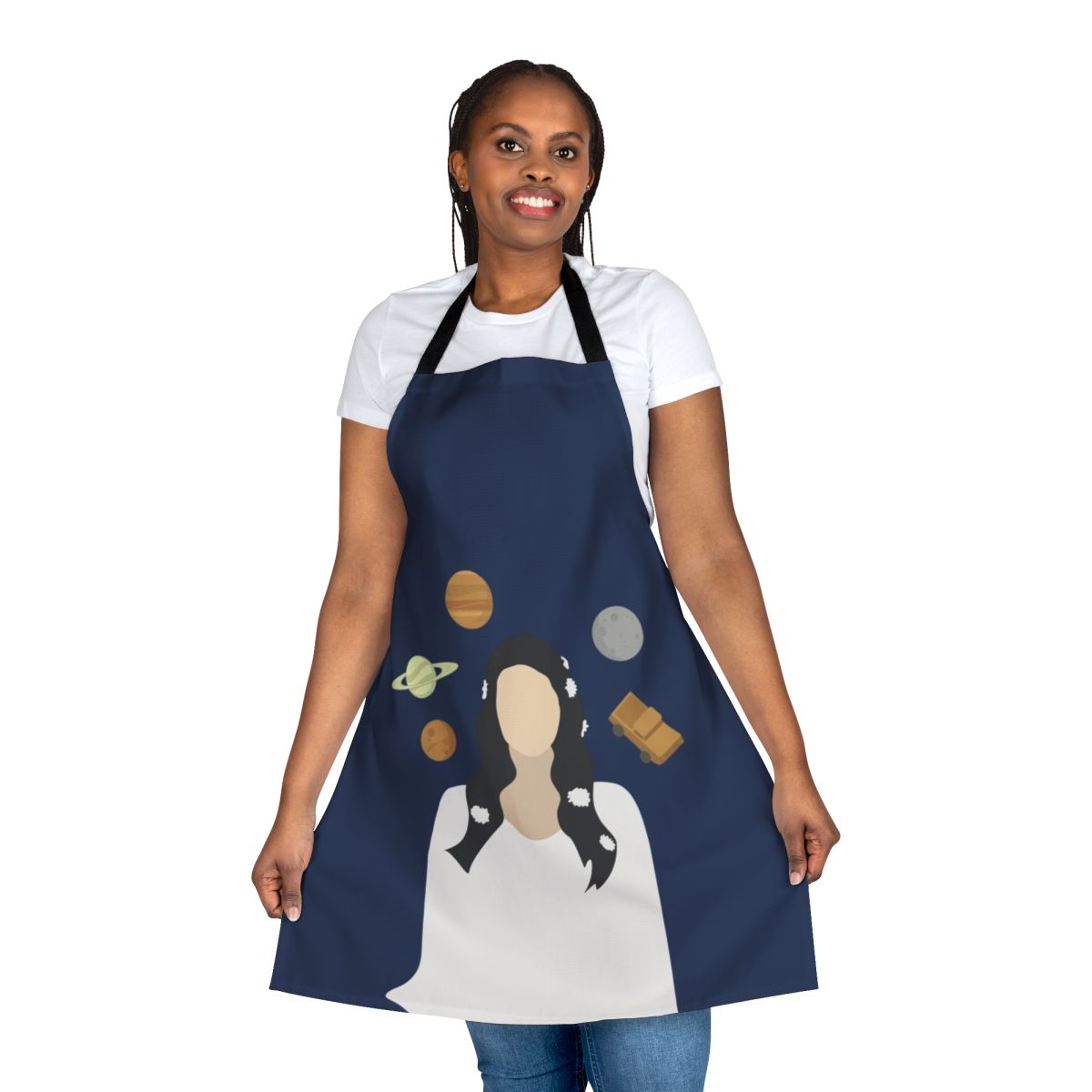 Lana Del Rey inspired apron featuring moon, planets, and space-themed design