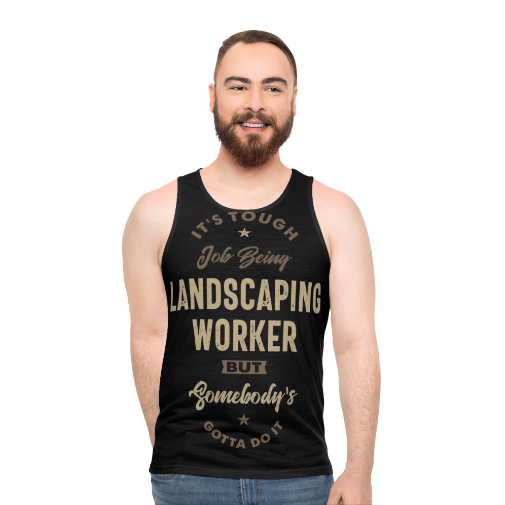 Landscaping worker wearing unisex tank top