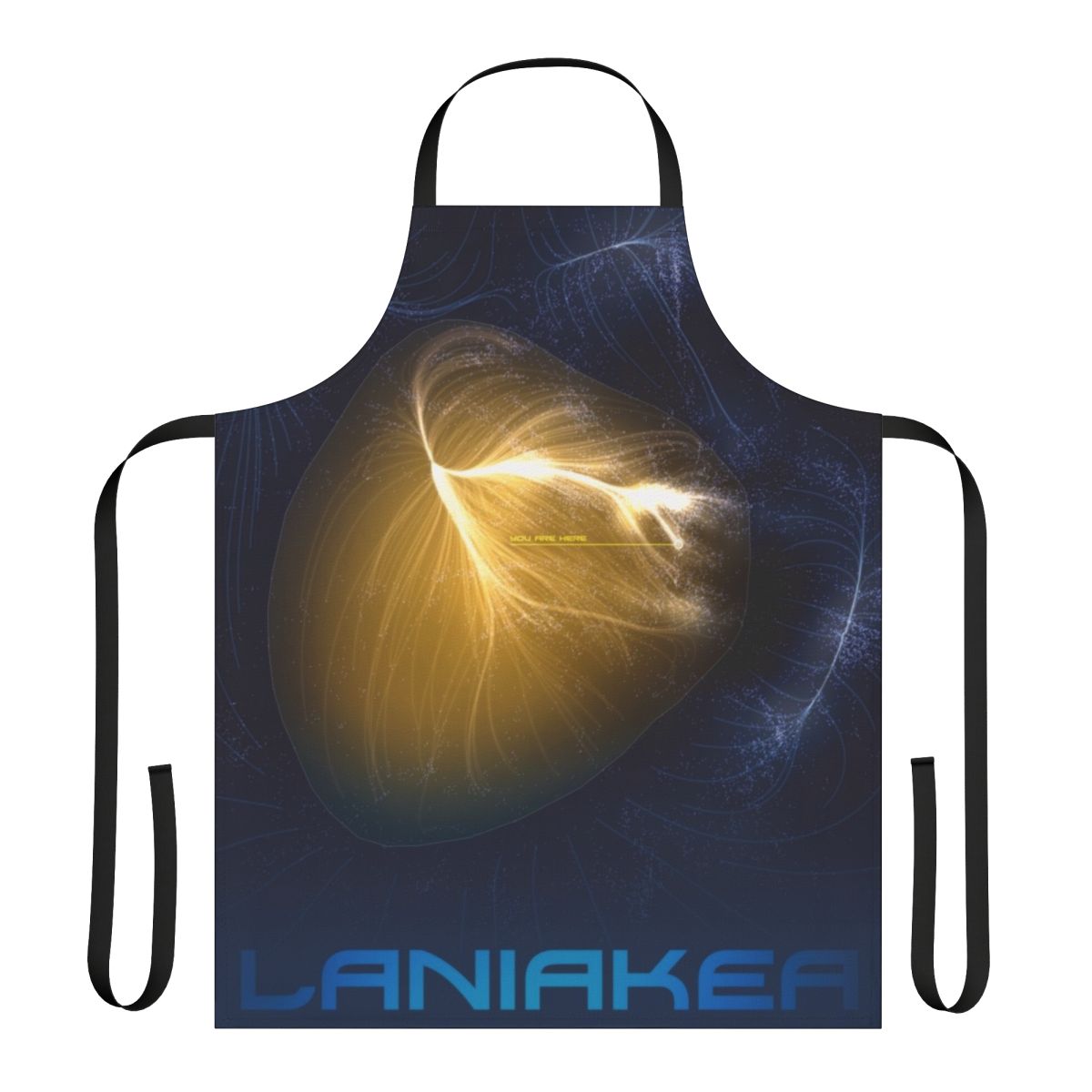 Laniakea-inspired apron featuring a stylized space art design of the local group and Milky Way galaxy