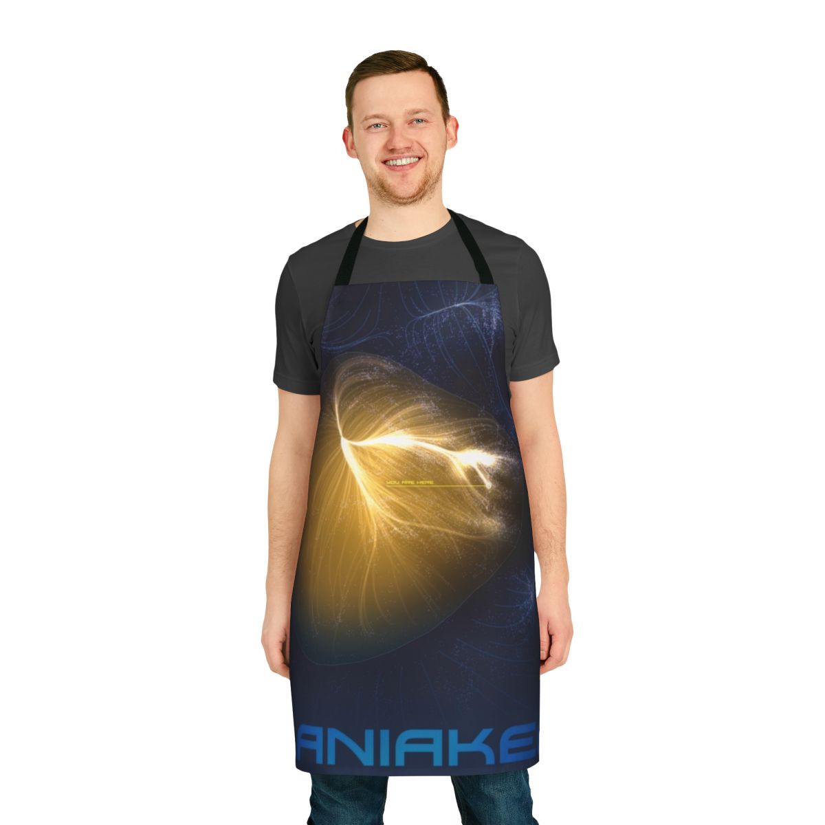 Laniakea-inspired apron featuring a stylized space art design of the local group and Milky Way galaxy