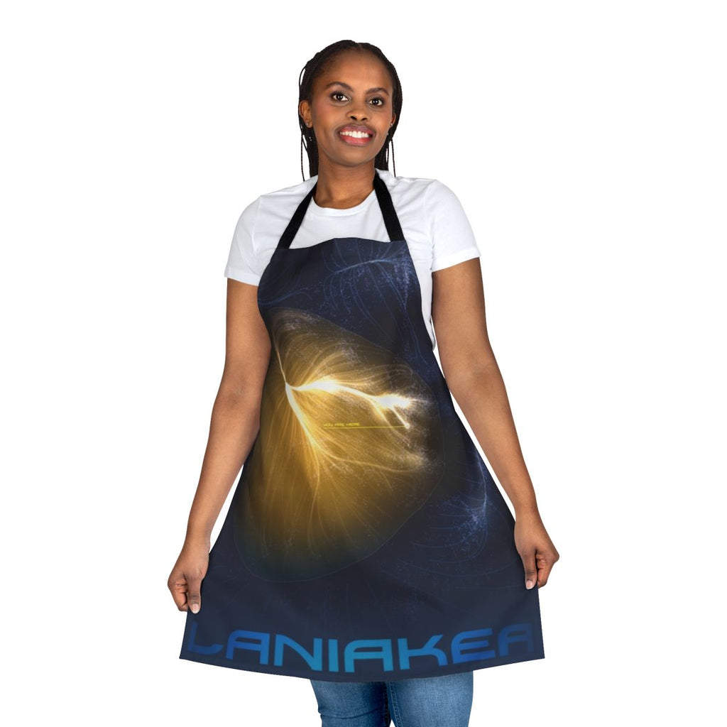 Laniakea-inspired apron featuring a stylized space art design of the local group and Milky Way galaxy