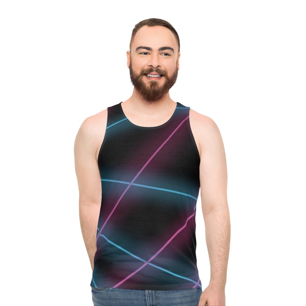 Unisex tank top with laser backdrop and 80s aesthetic