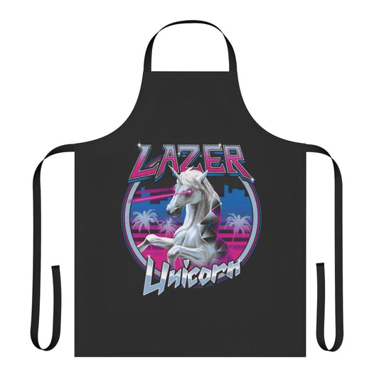 Colorful apron featuring a laser-eyed unicorn design, perfect for adding a touch of whimsy to your cooking and baking.