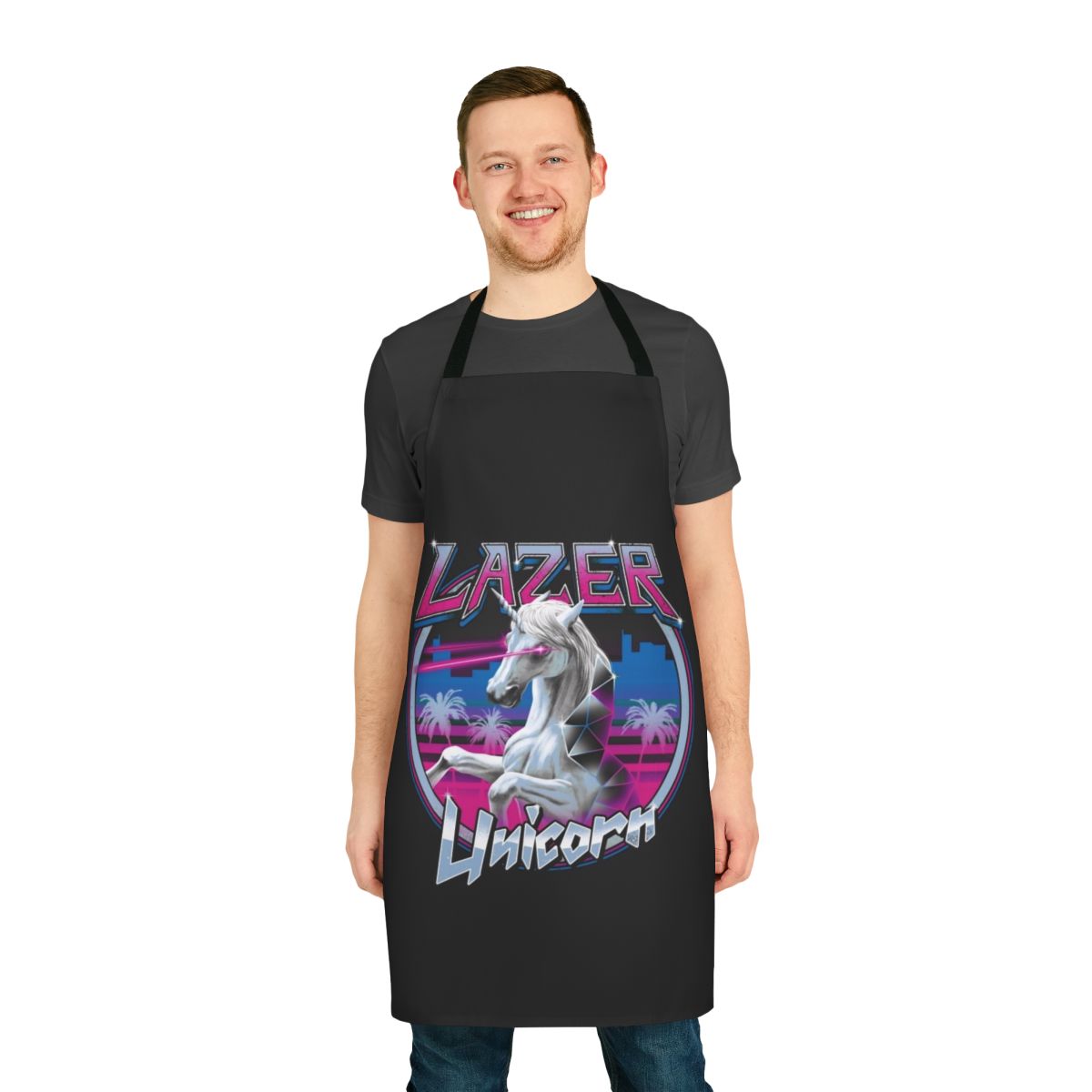Colorful apron featuring a laser-eyed unicorn design, perfect for adding a touch of whimsy to your cooking and baking.