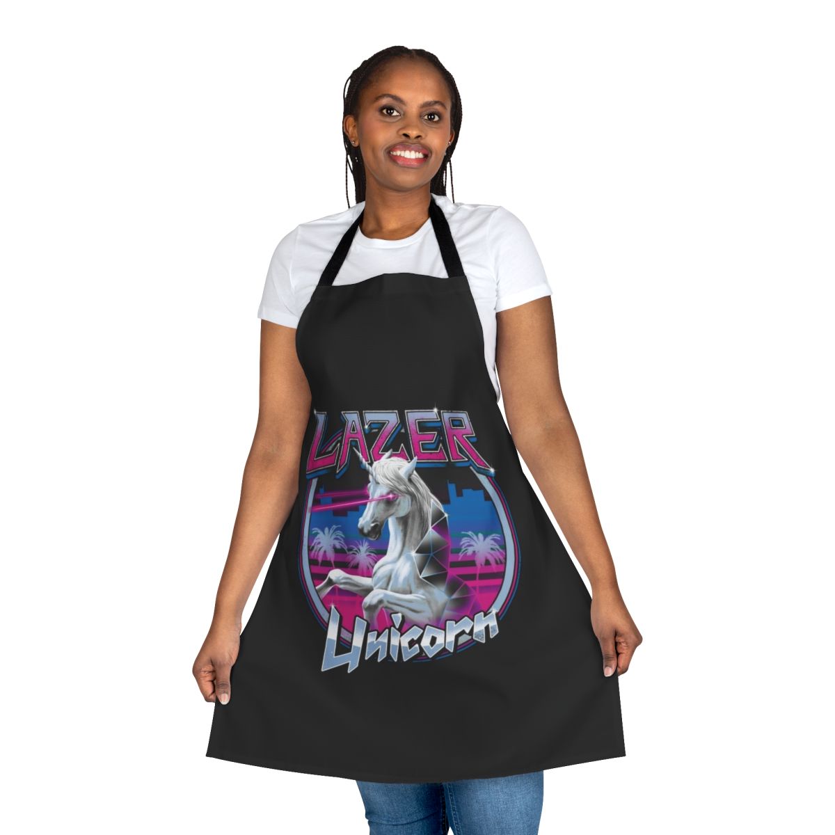 Colorful apron featuring a laser-eyed unicorn design, perfect for adding a touch of whimsy to your cooking and baking.