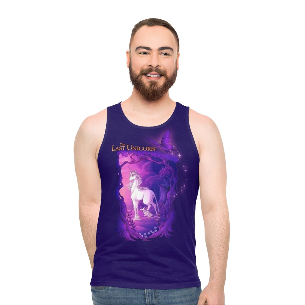 Unisex tank top featuring the last unicorn in a lilac wood