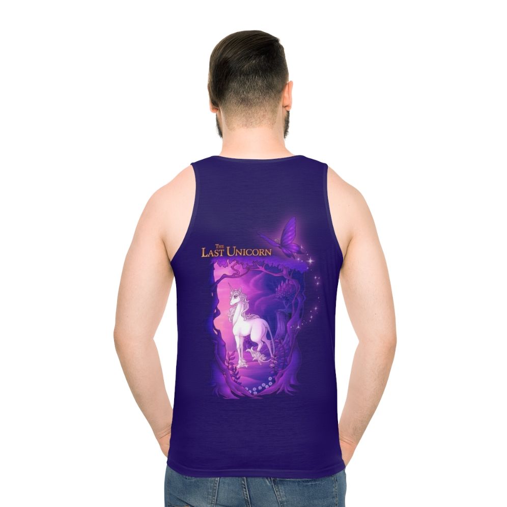 Unisex tank top featuring the last unicorn in a lilac wood