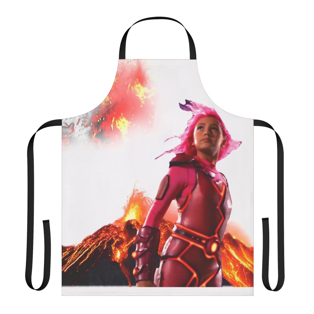 Person wearing a pink apron with a lava and volcano design, expressing the "Lavagirl" aesthetic.