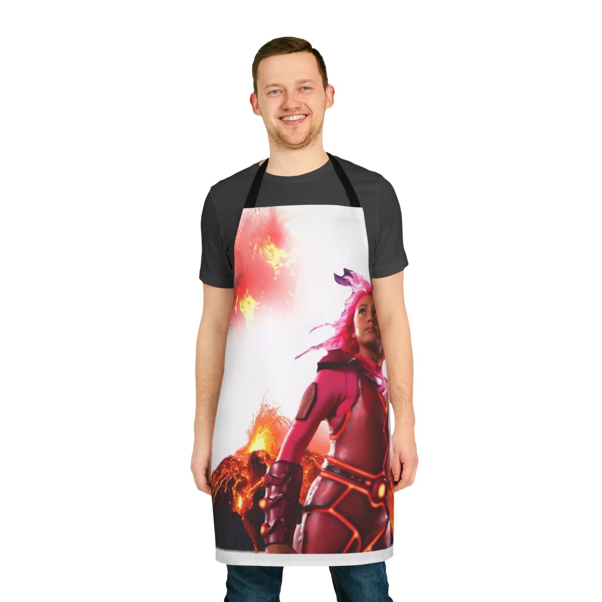 Person wearing a pink apron with a lava and volcano design, expressing the "Lavagirl" aesthetic.