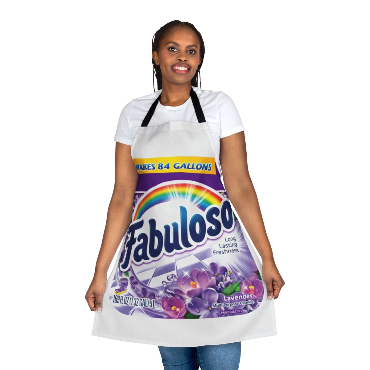 Fabuloso-branded lavender-scented cleaning apron with stylish label