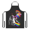 A stylish apron featuring a whimsical cat with laser eyes in a space-themed galaxy design.
