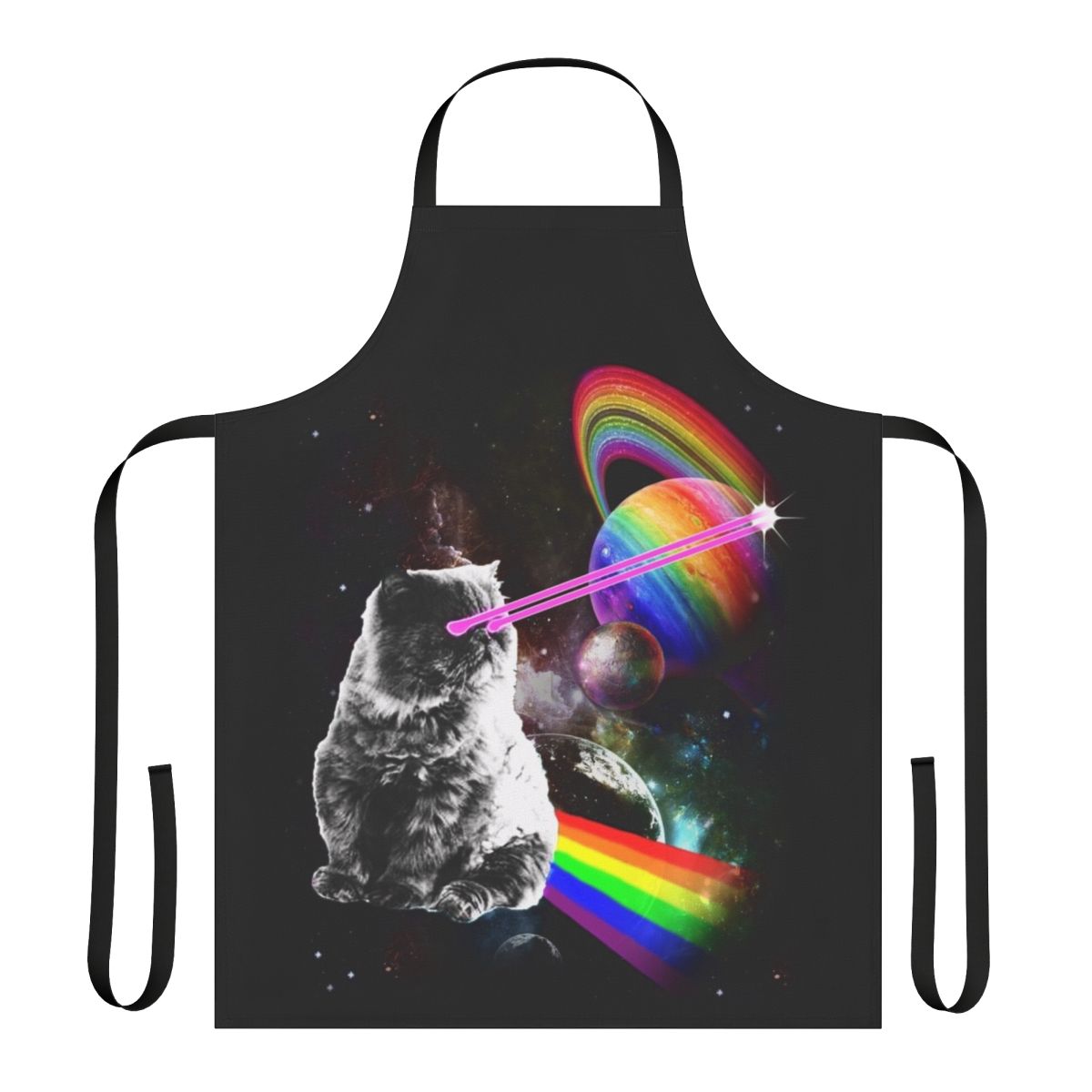 A stylish apron featuring a whimsical cat with laser eyes in a space-themed galaxy design.