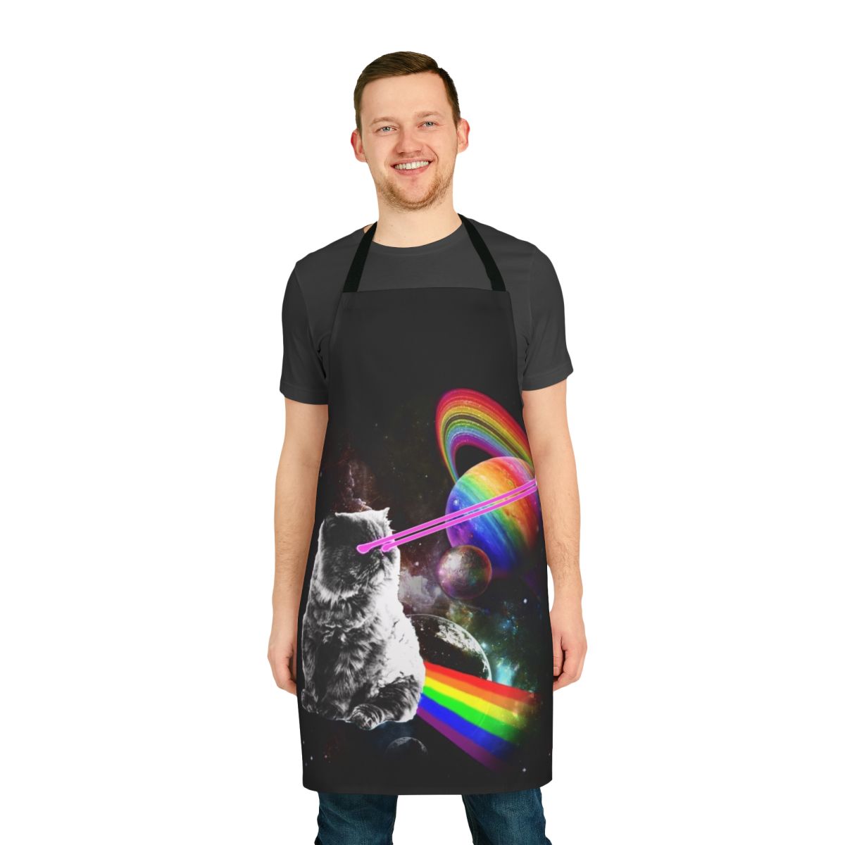 A stylish apron featuring a whimsical cat with laser eyes in a space-themed galaxy design.
