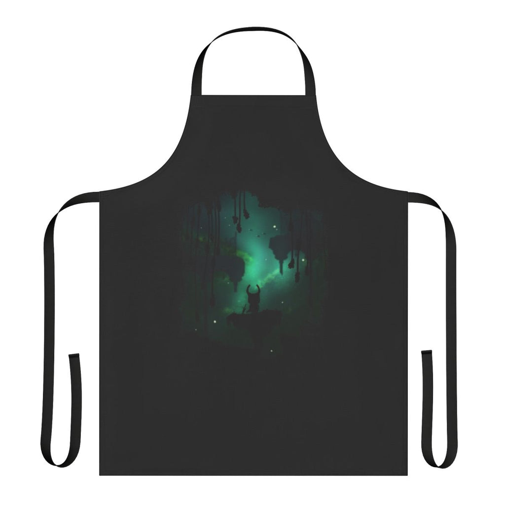 A stylized apron featuring elements from the Hollow Knight video game series, including leaves, insects, and a dark, leafy design.