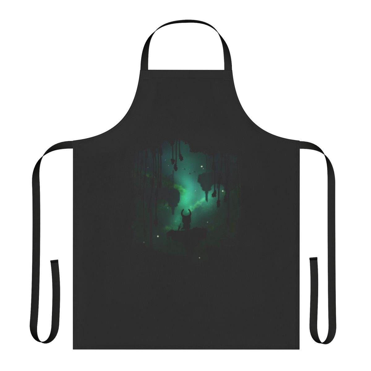 A stylized apron featuring elements from the Hollow Knight video game series, including leaves, insects, and a dark, leafy design.