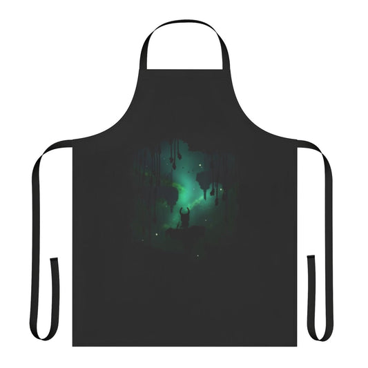 A stylized apron featuring elements from the Hollow Knight video game series, including leaves, insects, and a dark, leafy design.